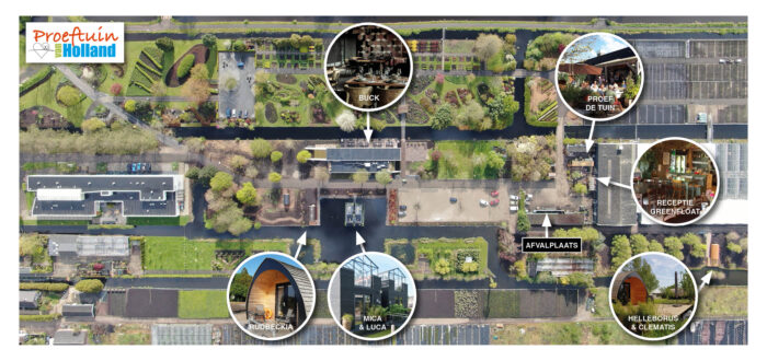 Plattegrond van de Proeftuin van Holland waarin restaurant Buck en Greenhouses Mica, Luca en Rudbeckia zijn weergegeven.